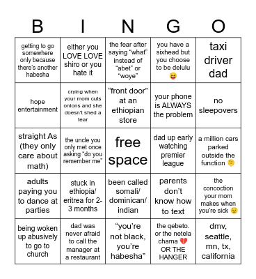 canon events as a habesha kid Bingo Card
