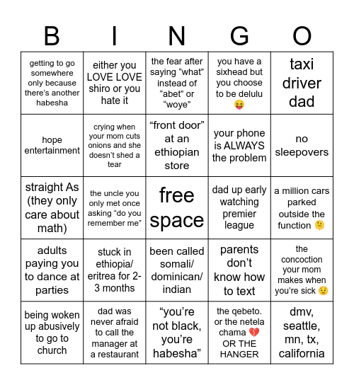 canon events as a habesha kid Bingo Card