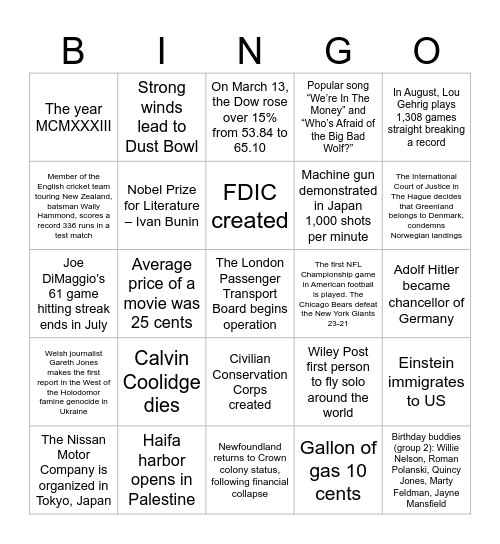 1933 Bingo Card