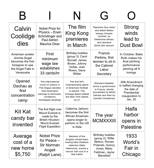 1933 Bingo Card