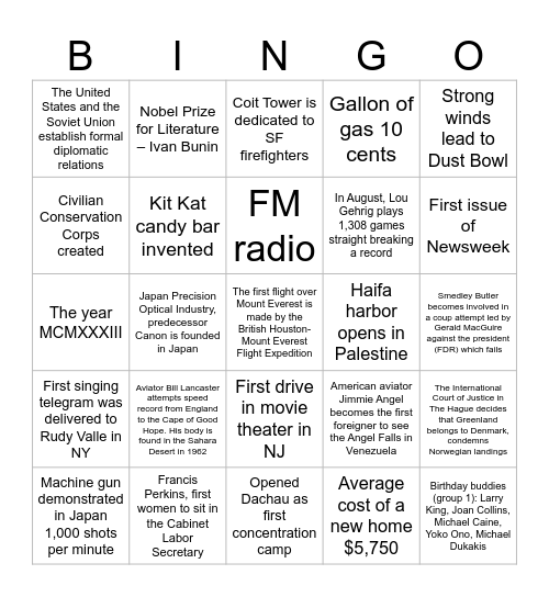 1933 Bingo Card