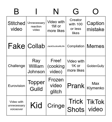 Youtube Shorts Bingo Card