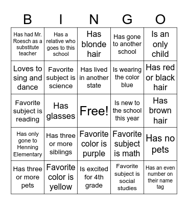 Mr. Roesch's Class Bingo Card