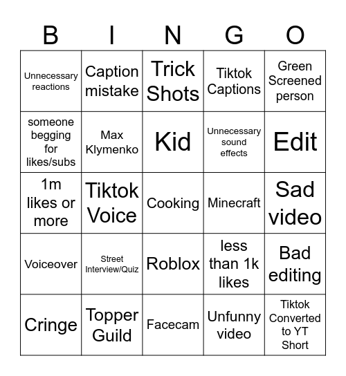 Revised YT Short Bingo Card