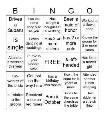 Sarah's Bridal Shower Bingo Card