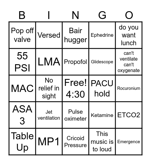 Anesthesia Bingo Card