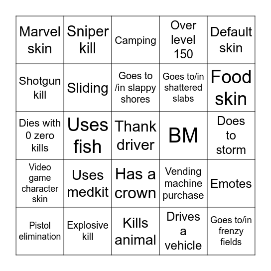 Fortnite bingo Card