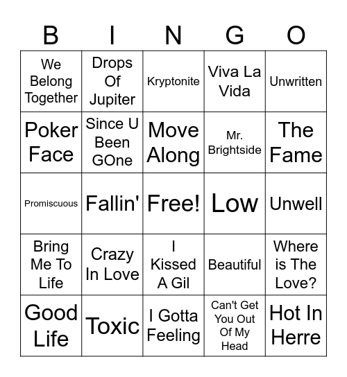 2000's Hits Bingo Card