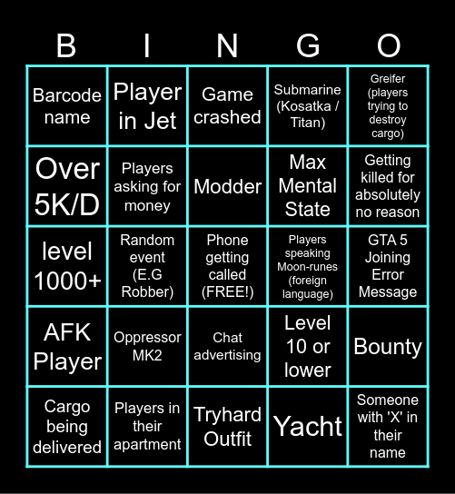 GTA 5 Bingo Card