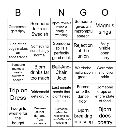 Wedding of All Time Bingo Card