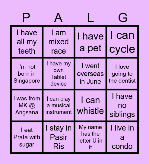 PAL OE Lesson 1 Bingo Card