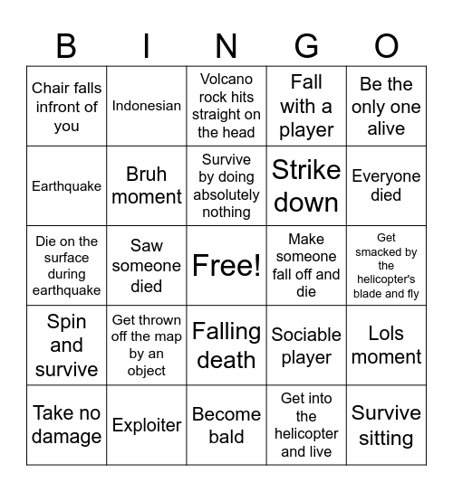 Natural Bingo Survival/Fail Bingo Card