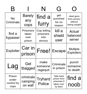 Prison Life Roblox Bingo Card