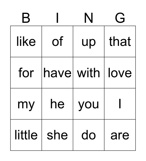 Sight Word Bingo Card