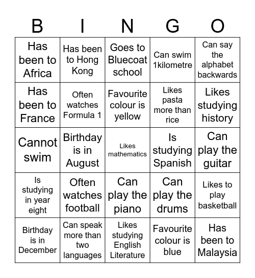 Youth Get to Know you 2023-08 Bingo Card