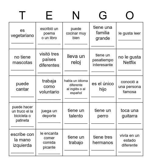 VAMOS A CONOCERNOS Bingo Card