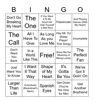Backstreet Boys Bingo Card