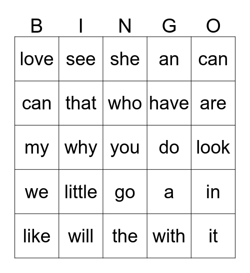 Sight Word Bingo Card