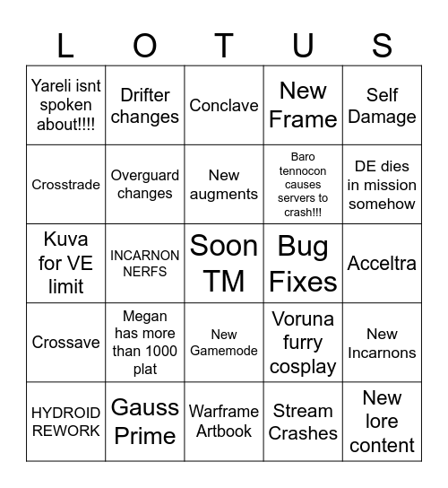 Tennocon 2023 Bingo Card