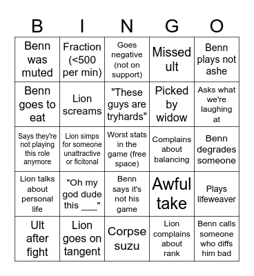 Benn/Lion Bingo Card