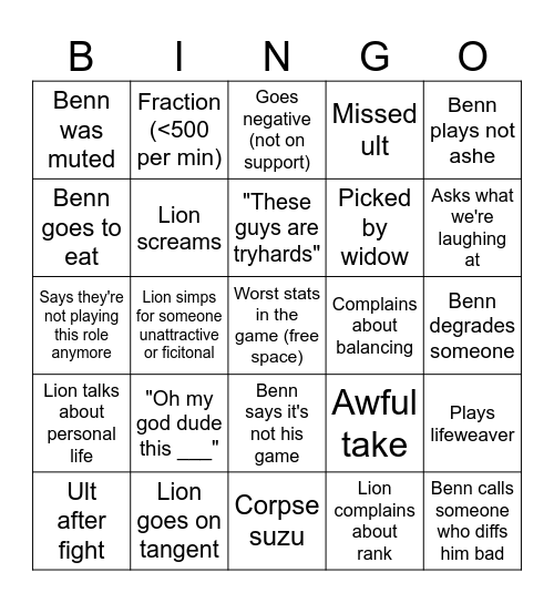 Benn/Lion Bingo Card