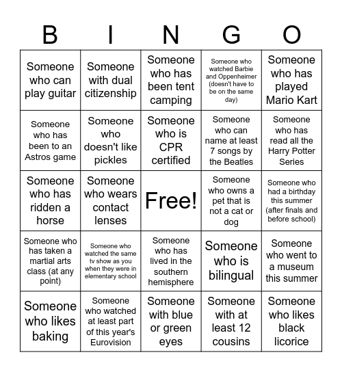 Get to know your class Bingo Card