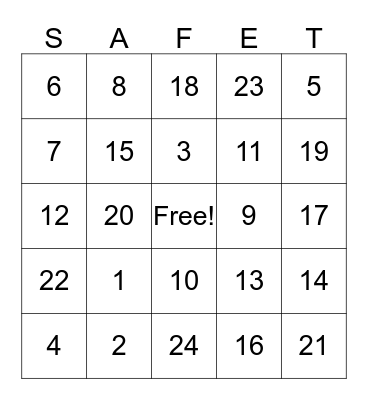SAFETY BINGO Card