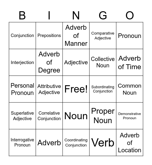 Parts of Speech Review Bingo Card