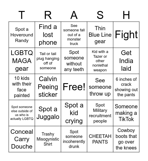 White Trash Bingo Card Bingo Card