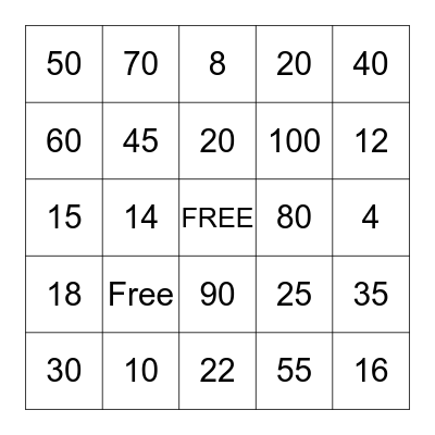 Multiplication Bingo (2, 5, 10 Factors) Bingo Card