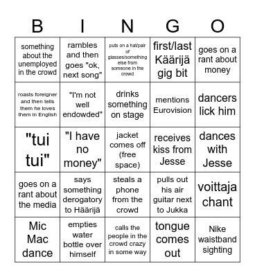Käärijä Gig Bingo Card