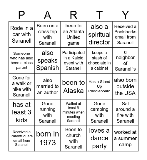 People Bingo For Saranell's 50th--only use a name once Bingo Card