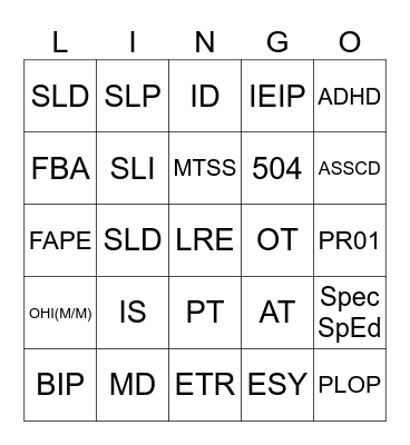 SPECIAL EDUCATION Bingo Card