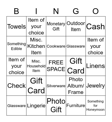 Sarah's Bridal Shower Bingo Card