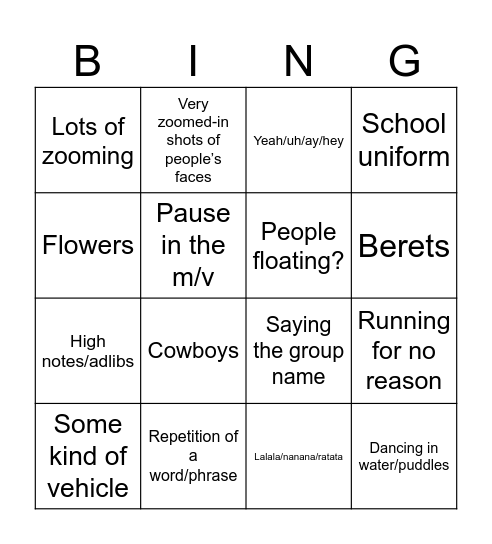 Kpop M/V Bingo Card