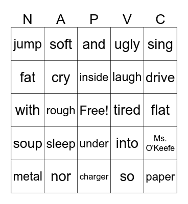 PARTS OF SPEECH "BINGO!" Bingo Card