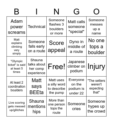 WC Men's Finals Bingo Card