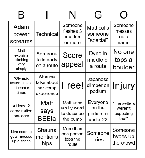 WC Men's Finals Bingo Card