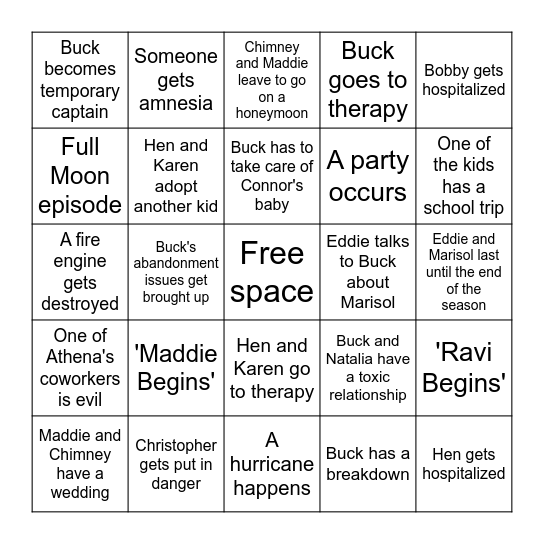 9-1-1 season 7 spec Bingo Card