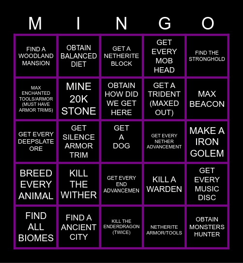 MINECRAFT Bingo Card