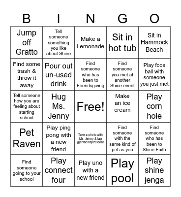 Pool Party Bingo Card