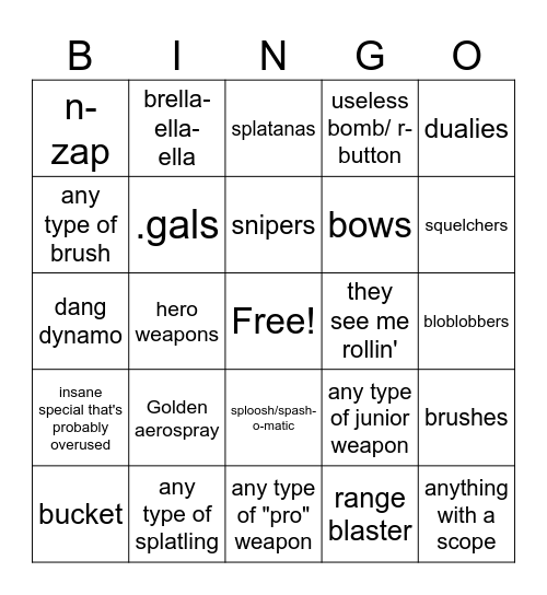 Any type of weapon during splatfest Bingo Card
