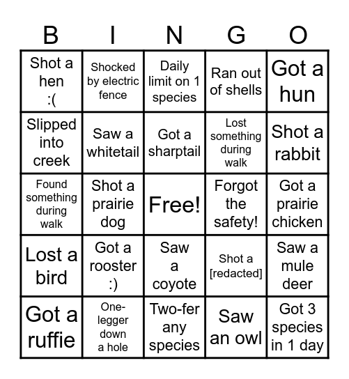 Bird Hunting Bingo Card