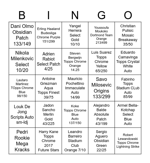 AJFLIPZ PULLBOX SOCCER BINGO Card