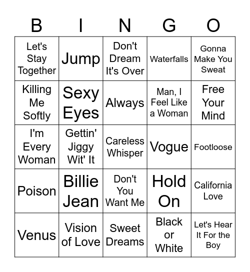 80s & 90s music Bingo Card