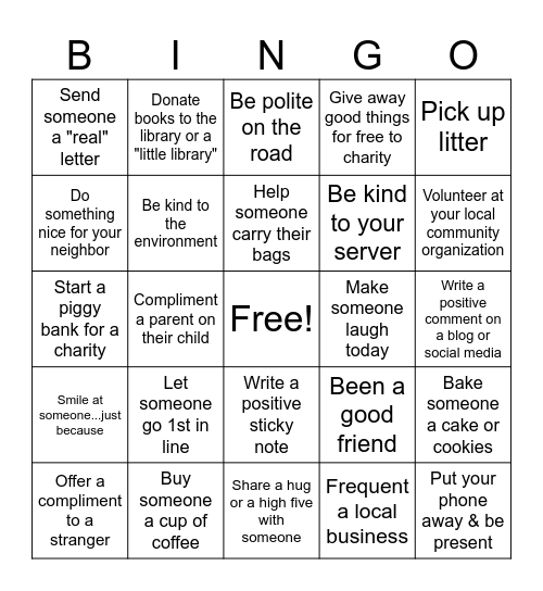 Kindness Bingo Card