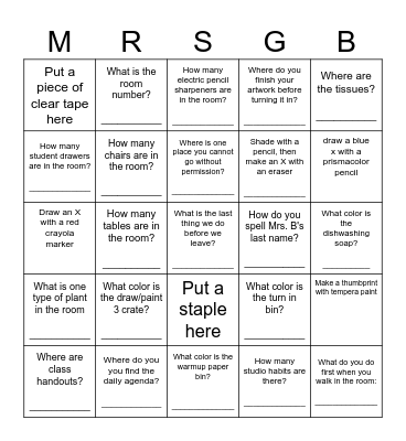 ART ROOM Scavenger Hunt Bingo Card