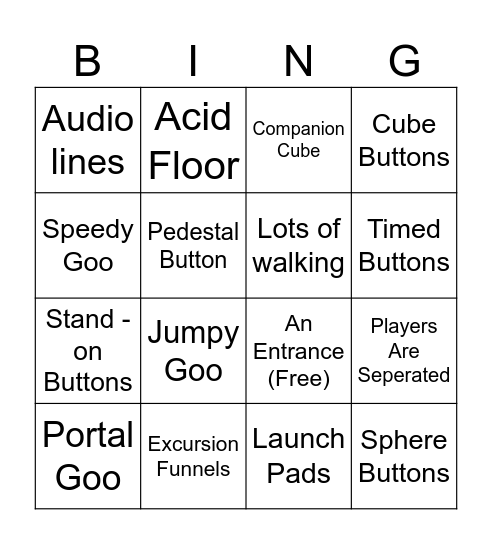 Portal 2 Co-op Community maps Bingo Card