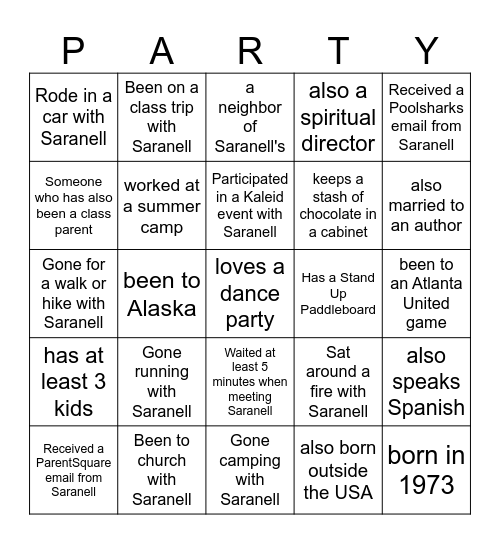 People Bingo For Saranell's 50th--only use a name once Bingo Card