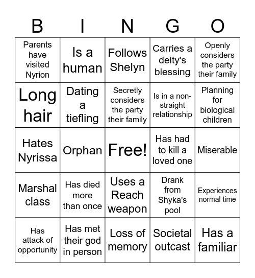 Kingmaker Party Bingo Card